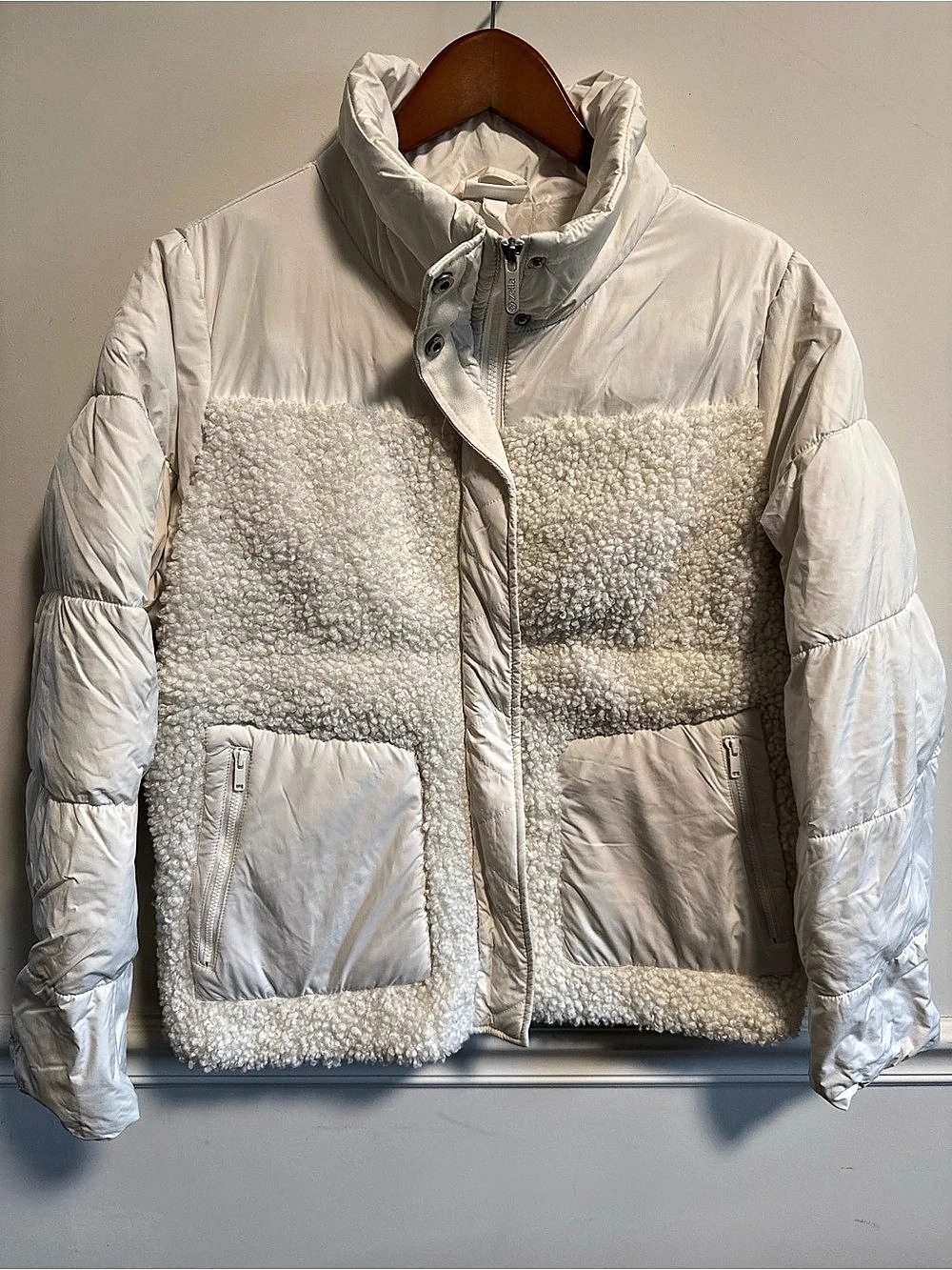 Zella Scenic Mixed Media Jacket Sherpa Color Block Puffer White Small
